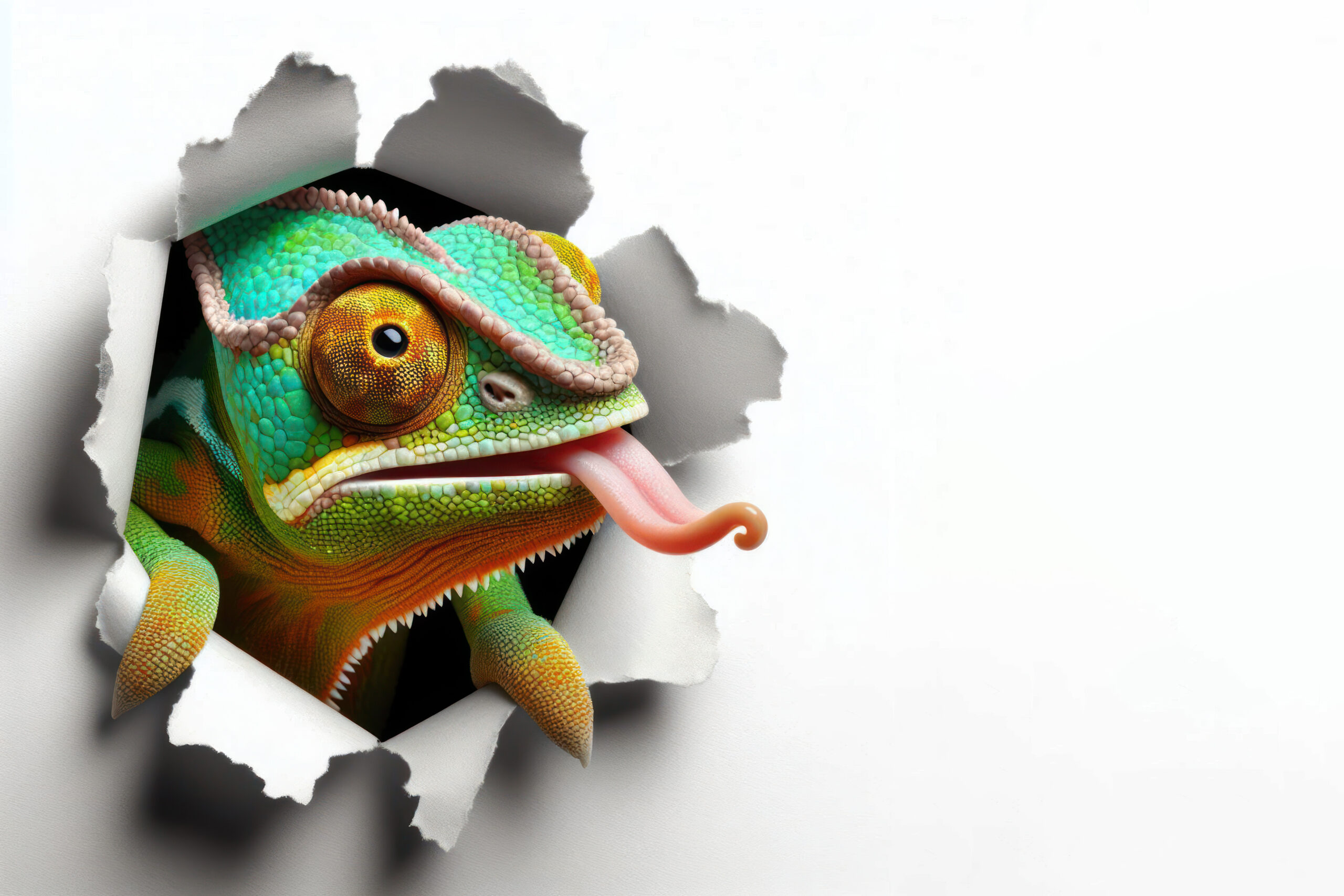 chameleon peeking out of hole in paper wall Isolated on white background
